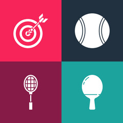 Set pop art Racket for playing table tennis, Tennis racket, ball and Target with arrow icon. Vector