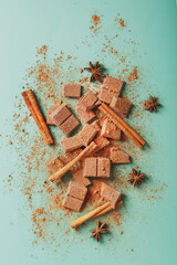 Dark chocolate slices with cinnamon and spices on a pastel green background.