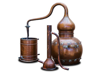 closeup old authentical copper home distiller isolated on white background - obrazy, fototapety, plakaty