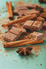 Chocolate broken into slices with cocoa powder and spices on a green background