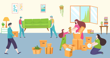 Professional service moving house, character loader carry furniture, young family change residential building flat vector illustration.