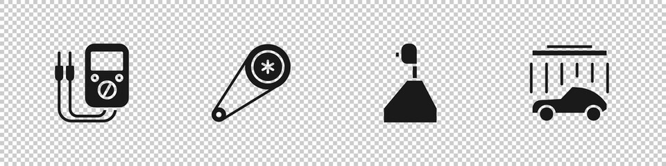 Set Multimeter, Timing belt kit, Gear shifter and Car wash icon. Vector