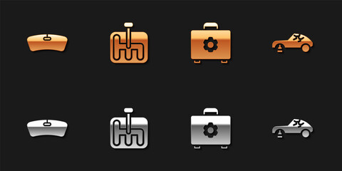 Set Windshield, Gear shifter, Toolbox and Broken car icon. Vector