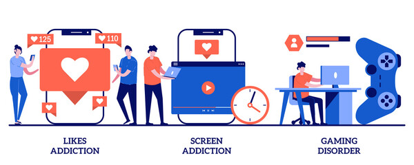 Likes addiction, screen addiction, gaming disorder concept with tiny people. Technology addiction abstract vector illustration set. Lack of live communication, psychological problems metaphor