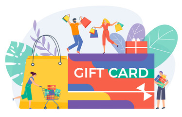 Fototapeta premium Shopping gift card congratulation, people character together voucher holiday discount flat vector illustration, isolated on white.