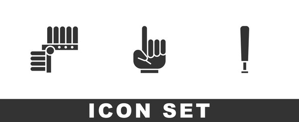 Set Indian headdress with feathers, Number 1 one fan hand glove and Baseball bat icon. Vector