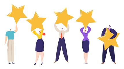 Group people character together hold board poster with five star rating, human make vote flat vector illustration, isolated on white.