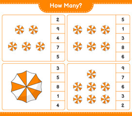 Counting game, how many Beach Umbrella. Educational children game, printable worksheet, vector illustration