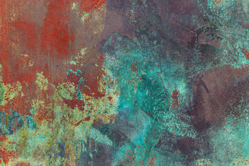 Turquoise and red rustic texture background with craquelure.