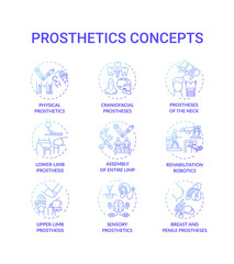 Prosthetics concept icons set. Upper and lower-limb prosthesis idea thin line RGB color illustrations. Breast and penile implants. Artificial device. Neck prostheses. Vector isolated outline drawings