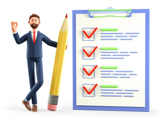 3D illustration of businessman with ok gesture holding a huge pencil, standing nearby a marked checklist on a clipboard paper, questionnaire, customer survey form. Successful tasks completion.