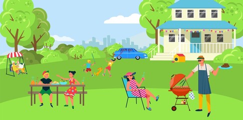 Fototapeta na wymiar Friendly lovely family barbecue outdoor party, people character together bbq backyard, funny time spend flat vector illustration.