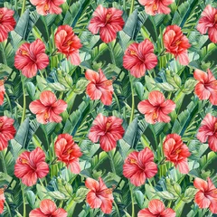Poster Tropical leaves of banana palm, hibiscus flowers on an isolated background. Watercolor illustration, seamless pattern © Hanna