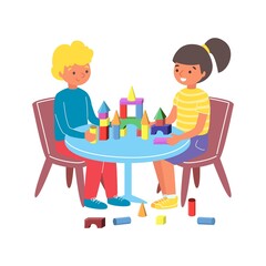 Young children play toy wooden constructor, kid together sitting chair and table flat vector illustration, isolated on white.
