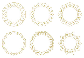 Set of decorative frames. Geometric gold ornaments. Round borders made of lines and hearts. Circle pattern. Design background for invitations and holiday cards.