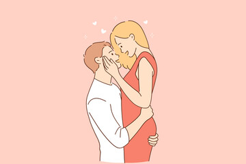 Love, couple, relations dating concept. Man hugging beloved woman while standing on natural landscape outdoors vector illustration 