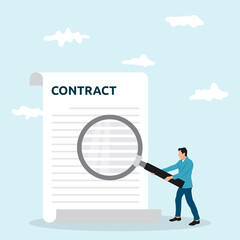 Businessman holding magnifying glass, studying terms of agreement. Signing business document. Inspection legal paper. Successful deal. Vector illustration flat design.
