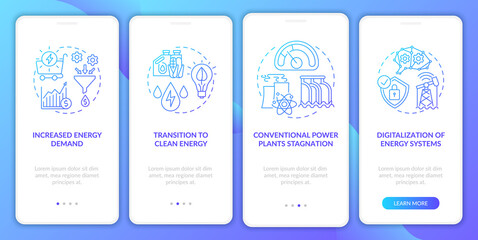 Fototapeta na wymiar Energy sector trends onboarding mobile app page screen with concepts. Power plants stagnation walkthrough 4 steps graphic instructions. UI, UX, GUI vector template with linear color illustrations