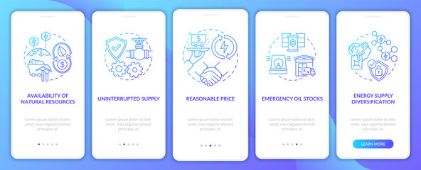 Energy security parts onboarding mobile app page screen with concepts. Supply diversification walkthrough 5 steps graphic instructions. UI, UX, GUI vector template with linear color illustrations