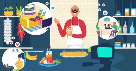 European modern culinary internet blogger share recipe with viewer, stream online influencer head chef male flat vector illustration.