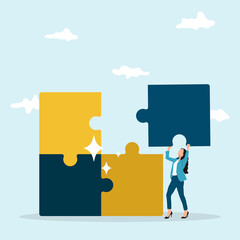 Completion mission concept. Business woman holding a big puzzle in hands putting in jigsaw. Business metaphor. Vector illustration flat design. Successful implementation plan. Execute plan.