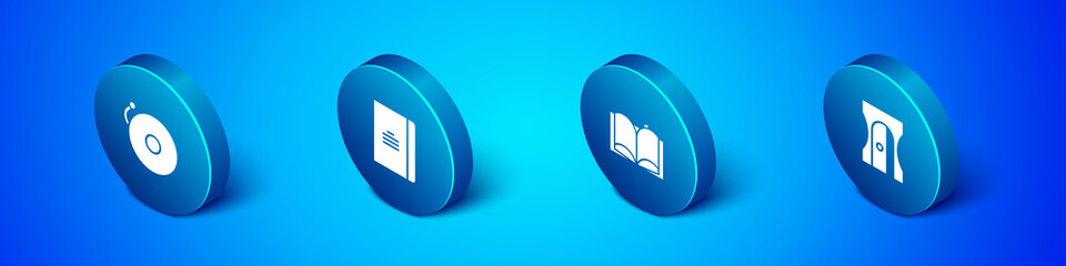 Set Isometric Ringing alarm bell, Open book, Pencil sharpener and Spiral notebook icon. Vector