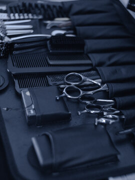 barber set in a leather case. hair salon accessories
