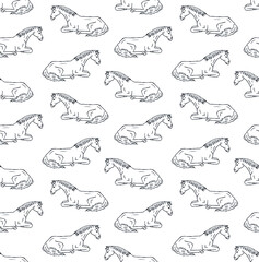 Vector seamless pattern of hand drawn doodle sketch laying horse isolated on white background