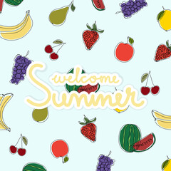 Hello Summer pattern background. Single line drawing of fruits. Summer time concept.