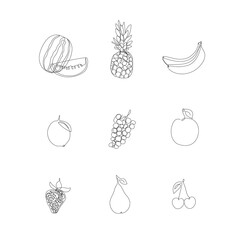 Set of fruits one line icons on white background. Single line drawing. Minimalist art.