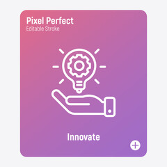 Innovation: lightbulb with cogwheel in human hand. Thin line icon. Pixel perfect, editable stroke. Vector illustration.