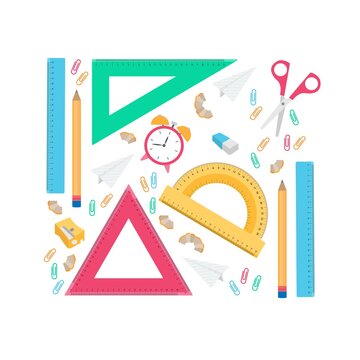 Set of rulers and protractor, back to school concept. Pencil, stationery iterms for schooling. Vector illustration, isolated objects.