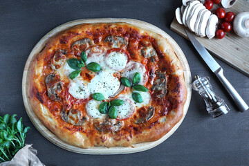 vegetarian pizza with mushrooms, tomatoes and mozzarella on an oval tray and on a gray wooden...