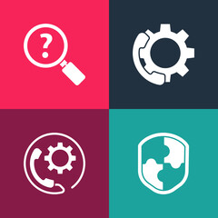 Set pop art Shield, Telephone 24 hours support, and Unknown search icon. Vector