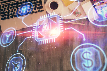 Multi exposure of data theme drawing hologram over topview work desk background with computer. Concept of technology.