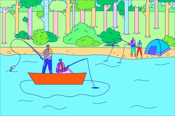 People character together fishing hobby, forest relaxing time, friend catching fish from boat, outdoor hiking flat line vector illustration.