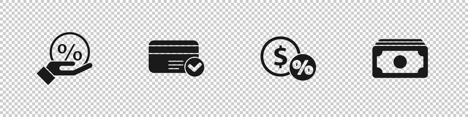 Set Discount percent tag, Credit card, Money coin with and Stacks paper money cash icon. Vector