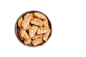 italian cantuccini cookies isolated on white background with copy space. Biscotti cookies with almonds.