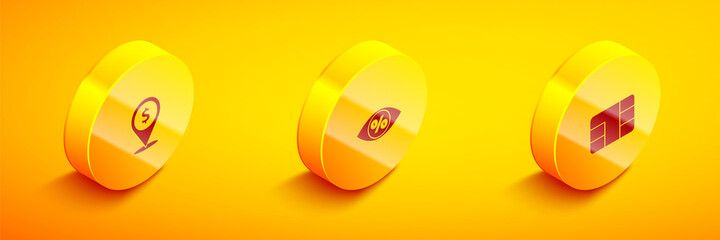 Set Isometric Cash location, Eye with percent and Credit card chip icon. Vector