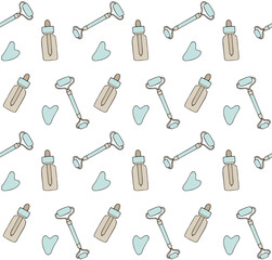 Vector seamless pattern of hand drawn doodle sketch mint green gua sha jade roller and oil bottle set isolated on white background