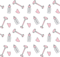 Vector seamless pattern of hand drawn doodle sketch pink colored gua sha jade roller and oil bottle set isolated on white background
