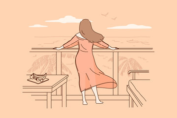 Relaxation and vacation on sea beach concept. Young woman standing backwards and having rest on balcony looking at view with sea coast vector illustration 
