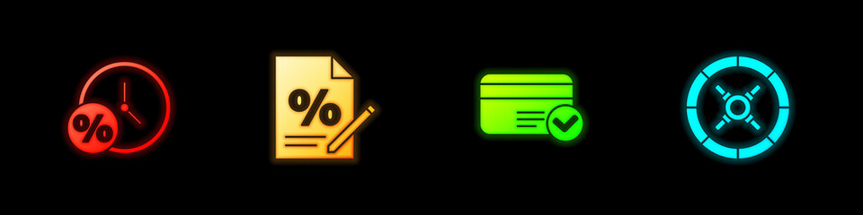 Set Clock and percent, Finance document, Credit card and Safe icon. Vector