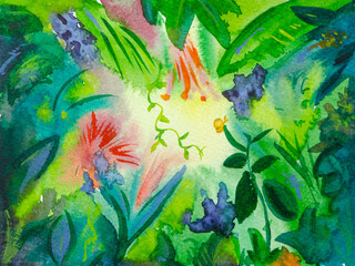 Jungle different green bright leaves and flowers with sunlight watercolor background