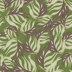 Abstract pale seamless doodle pattern with purple tropical leaves elements. Green background.