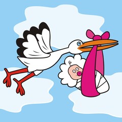 stork and baby girl, birthday card, vector illustration