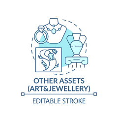 Art and jewellery assets concept icon. Comprehensive wealth plan idea thin line illustration. Precious materials. Paintings, sculptures. Vector isolated outline RGB color drawing. Editable stroke