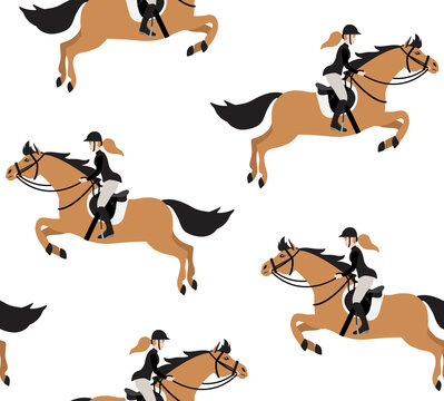 Vector seamless pattern of hand drawn flat colored girl woman riding show jumping horse isolated on white background