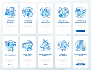 Prosperity strategy onboarding mobile app page screen with concepts set. Financial operations walkthrough 5 steps graphic instructions. UI, UX, GUI vector template with linear color illustrations