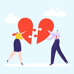 Lovely couple make up puzzle heart, loving woman and man hand hold part cardiac icon flat vector illustration, isolated on blue.